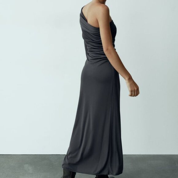 NWT LONG ONE SHOULDER GRAY DRESS - Picture 5 of 5
